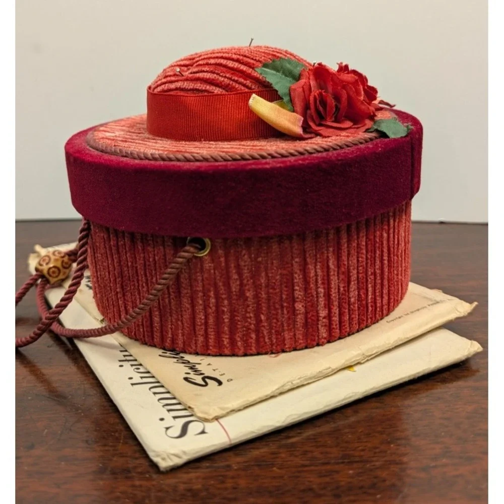 Vintage Style Hat Shaped Sewing Basket Red Velvet Corduroy Rose Trim w/ Notions